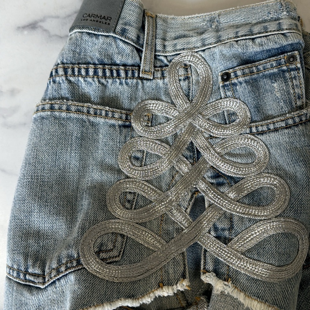 NEW WITH TAGS Carmar Cordelia Denim Shorts, Embellished Side Panels, Size 27 - Picture 6 of 6
